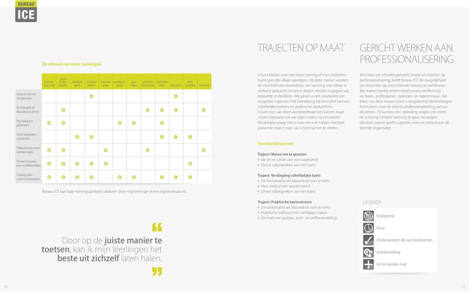 Op deze manier worden de verschillende onderdelen van toetsing met elkaar in Wanneer uw schoolorganisatie breed wil inzetten op professionalisering, biedt Bureau ICE de mogelijkheid om docenten op