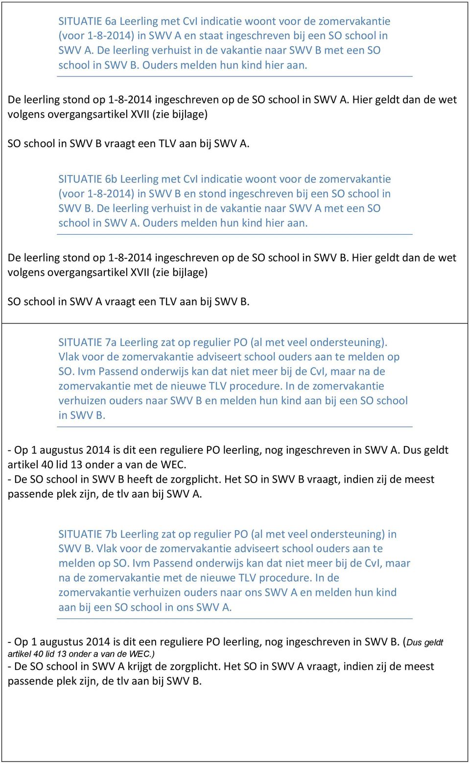 Hier geldt dan de wet volgens overgangsartikel XVII (zie bijlage) SO school in SWV B vraagt een TLV aan bij SWV A.