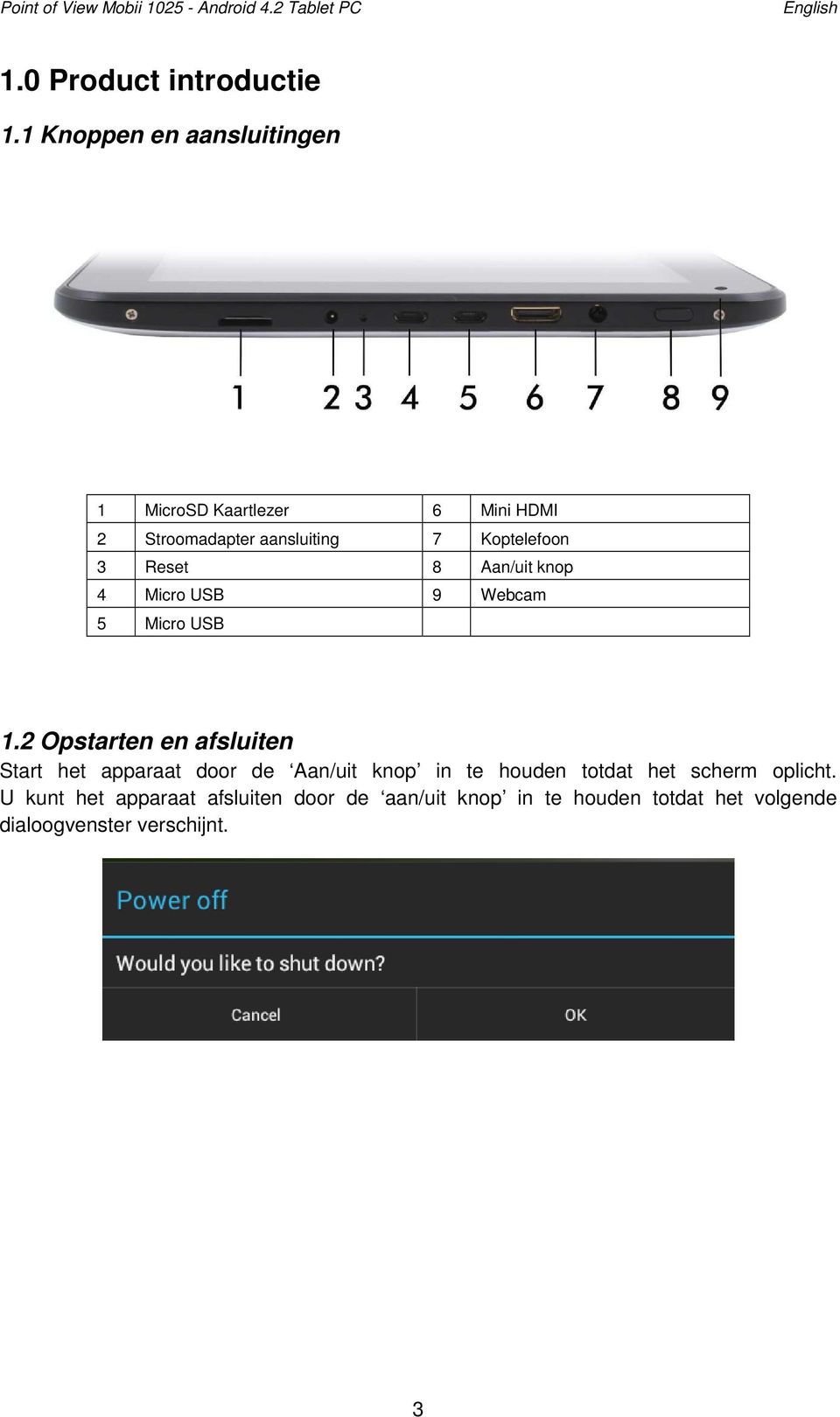 Koptelefoon 3 Reset 8 Aan/uit knop 4 Micro USB 9 Webcam 5 Micro USB 1.