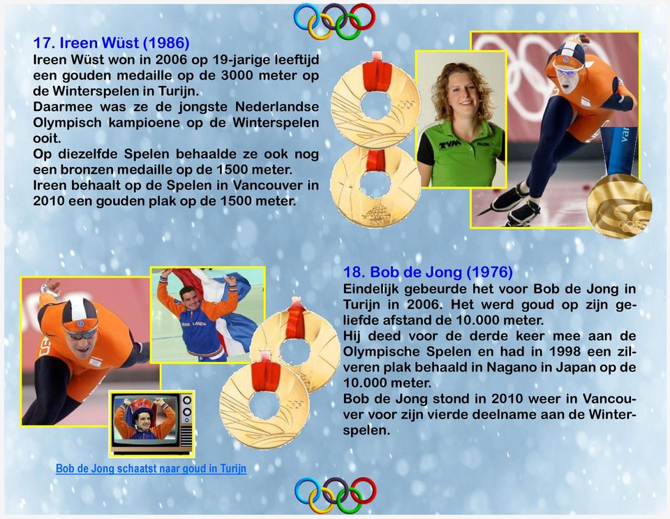 Ireen behaalt op de Spelen in Vancouver in 2010 een gouden plak op de 1500 meter. 18. Bob de Jong (1976) Eindelijk gebeurde het voor Bob de Jong in Turijn in 2006.