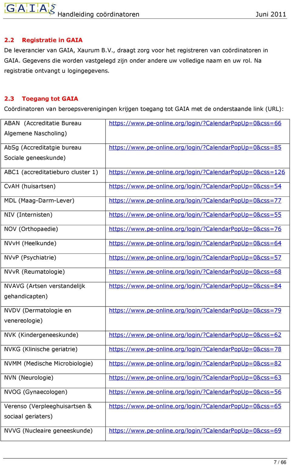 3 Toegang tot GAIA Coördinatoren van beroepsverenigingen krijgen toegang tot GAIA met de onderstaande link (URL): ABAN (Accreditatie Bureau Algemene Nascholing) AbSg (Accreditatgie bureau Sociale
