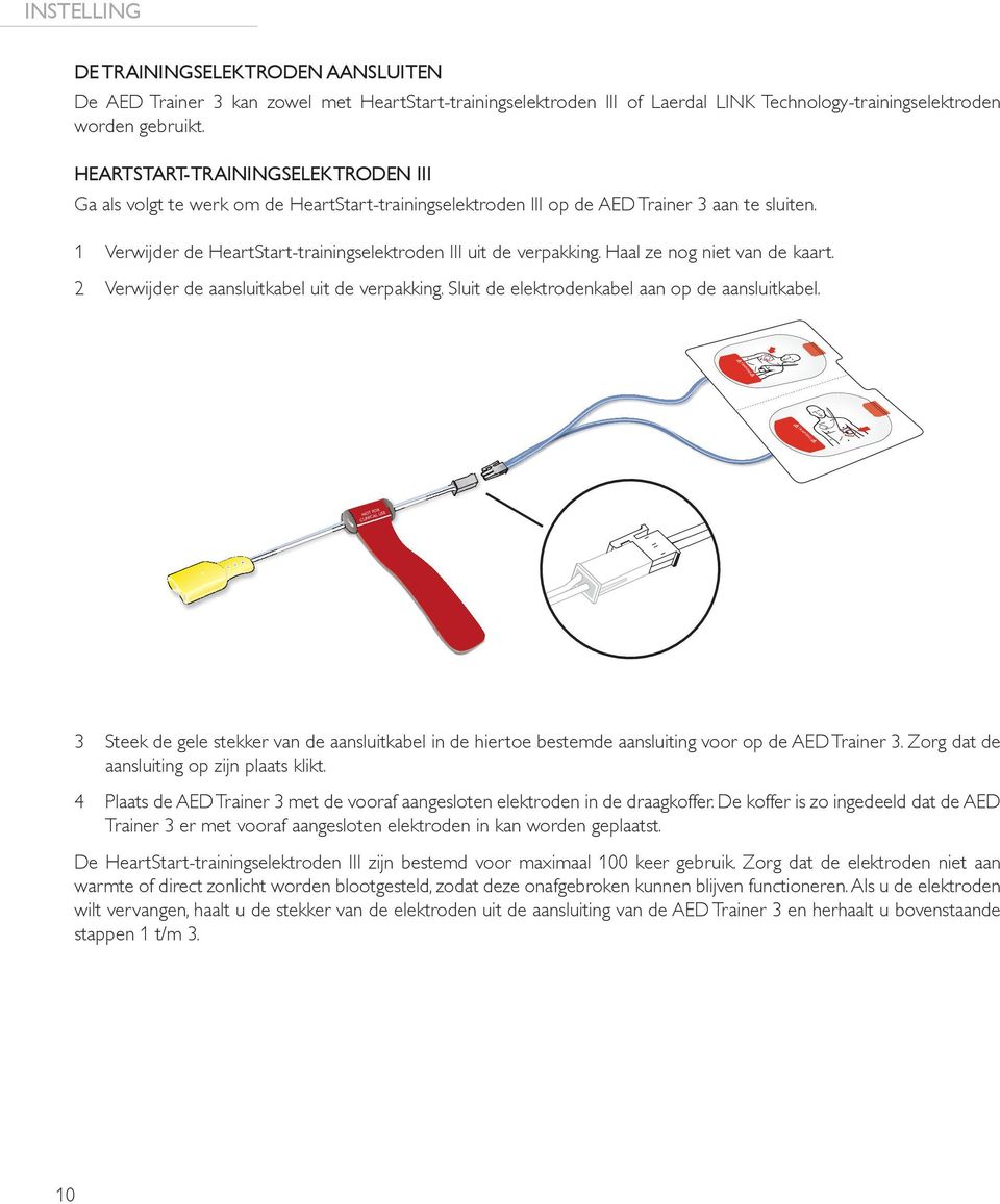 1 Verwijder de HeartStart-trainingselektroden III uit de verpakking. Haal ze nog niet van de kaart. 2 Verwijder de aansluitkabel uit de verpakking. Sluit de elektrodenkabel aan op de aansluitkabel.