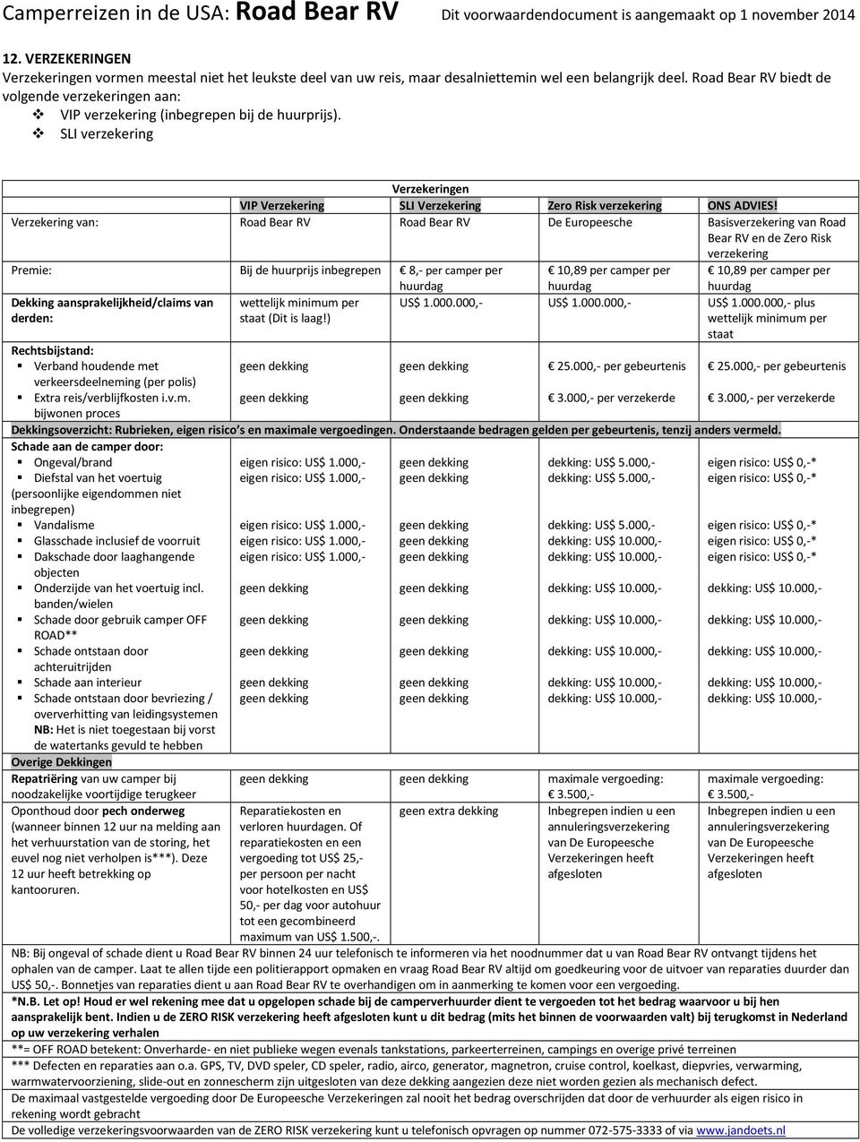 Verzekering van: Road Bear RV Road Bear RV De Europeesche Basisverzekering van Road Bear RV en de Zero Risk verzekering Premie: Bij de huurprijs inbegrepen 8,- per camper per huurdag 10,89 per camper