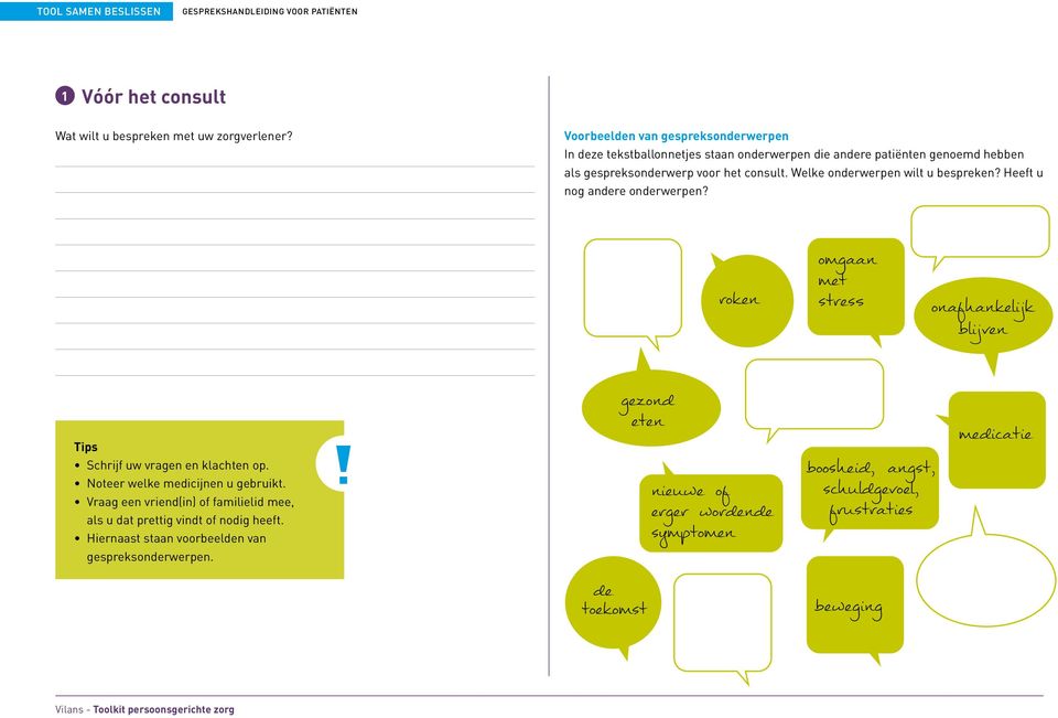 Welke onderwerpen wilt u bespreken? Heeft u nog andere onderwerpen? roken omgaan met stress onafhankelijk blijven Tips Schrijf uw vragen en klachten op.