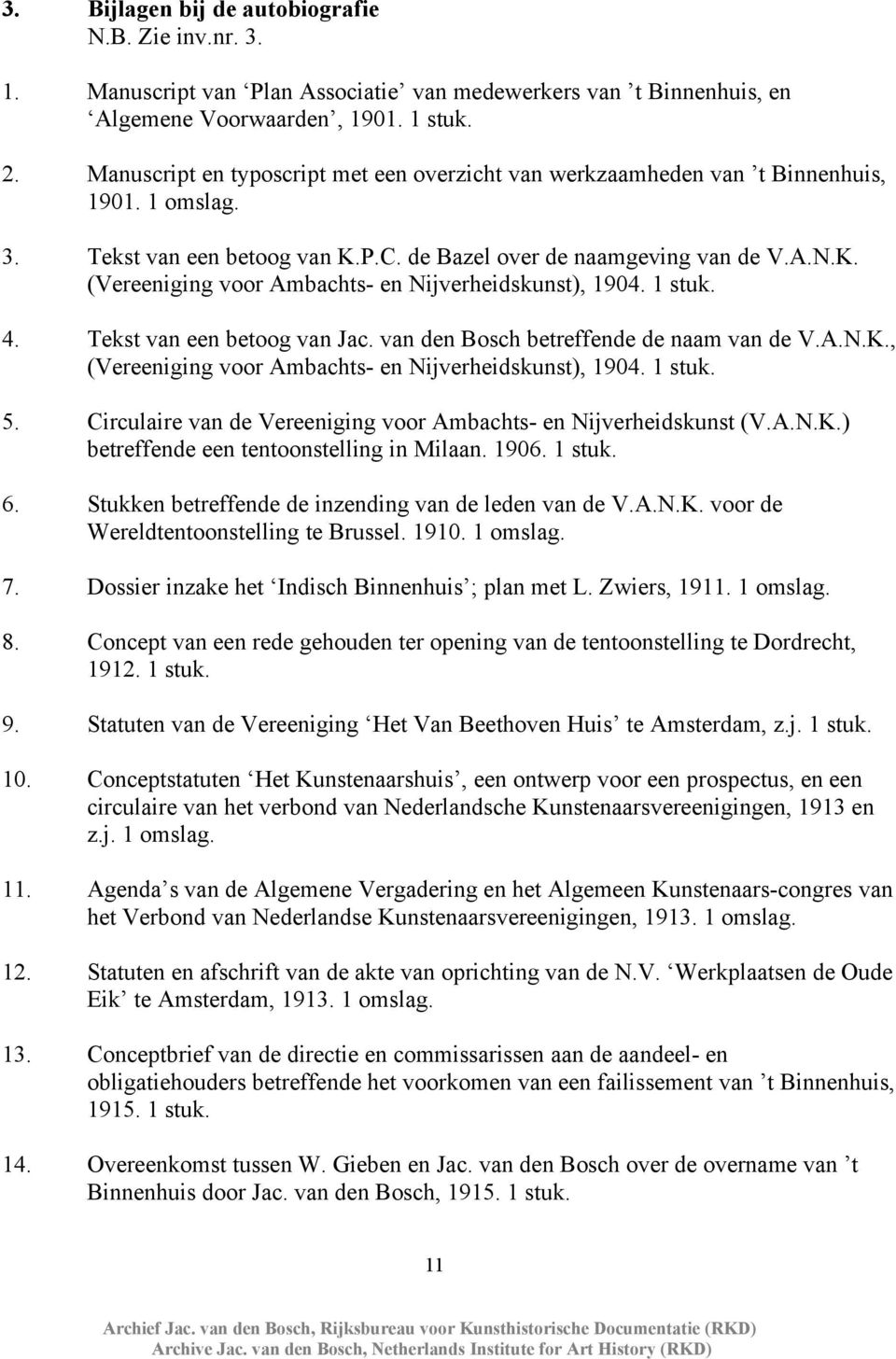 1 stuk. 4. Tekst van een betoog van Jac. van den Bosch betreffende de naam van de V.A.N.K., (Vereeniging voor Ambachts- en Nijverheidskunst), 1904. 1 stuk. 5.