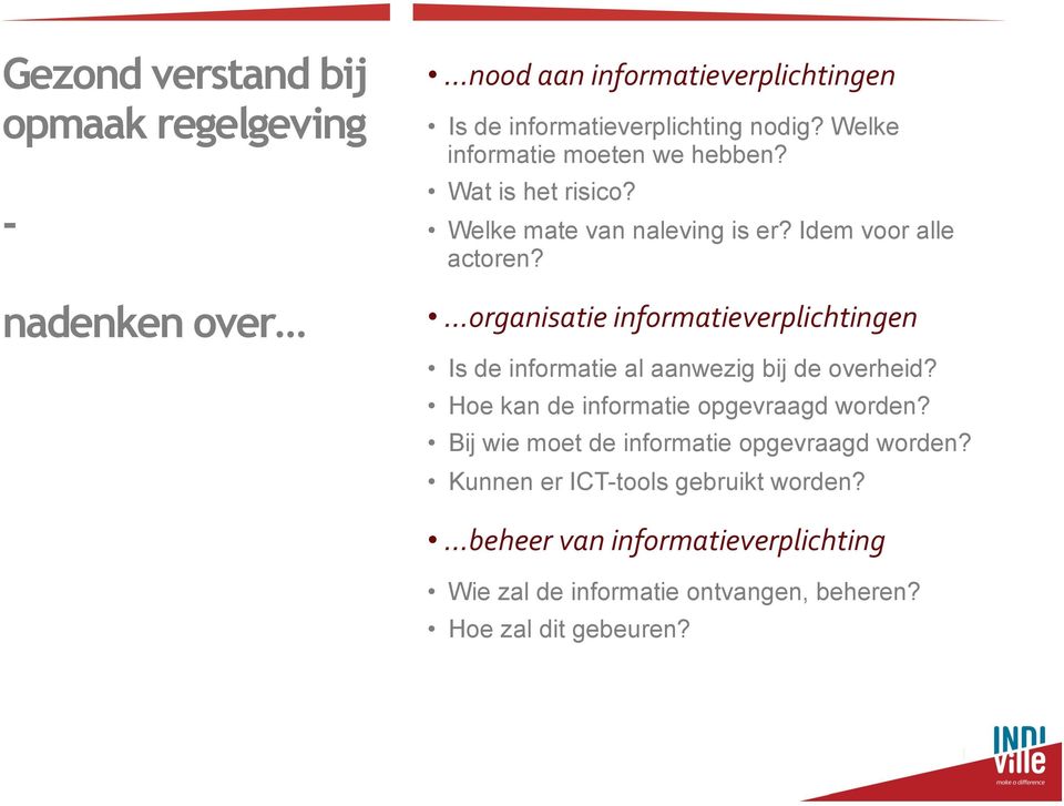 organisatie informatieverplichtingen Is de informatie al aanwezig bij de overheid? Hoe kan de informatie opgevraagd worden?