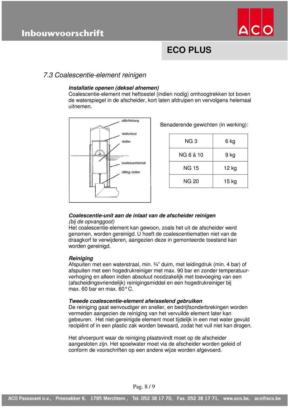 Benaderende gewichten (in werking): NG 3 NG 6 à 10 NG 15 NG 20 6 kg 9 kg 12 kg 15 kg Coalescentie-unit aan de inlaat van de afscheider reinigen (bij de opvanggoot) Het coalescentie-element kan