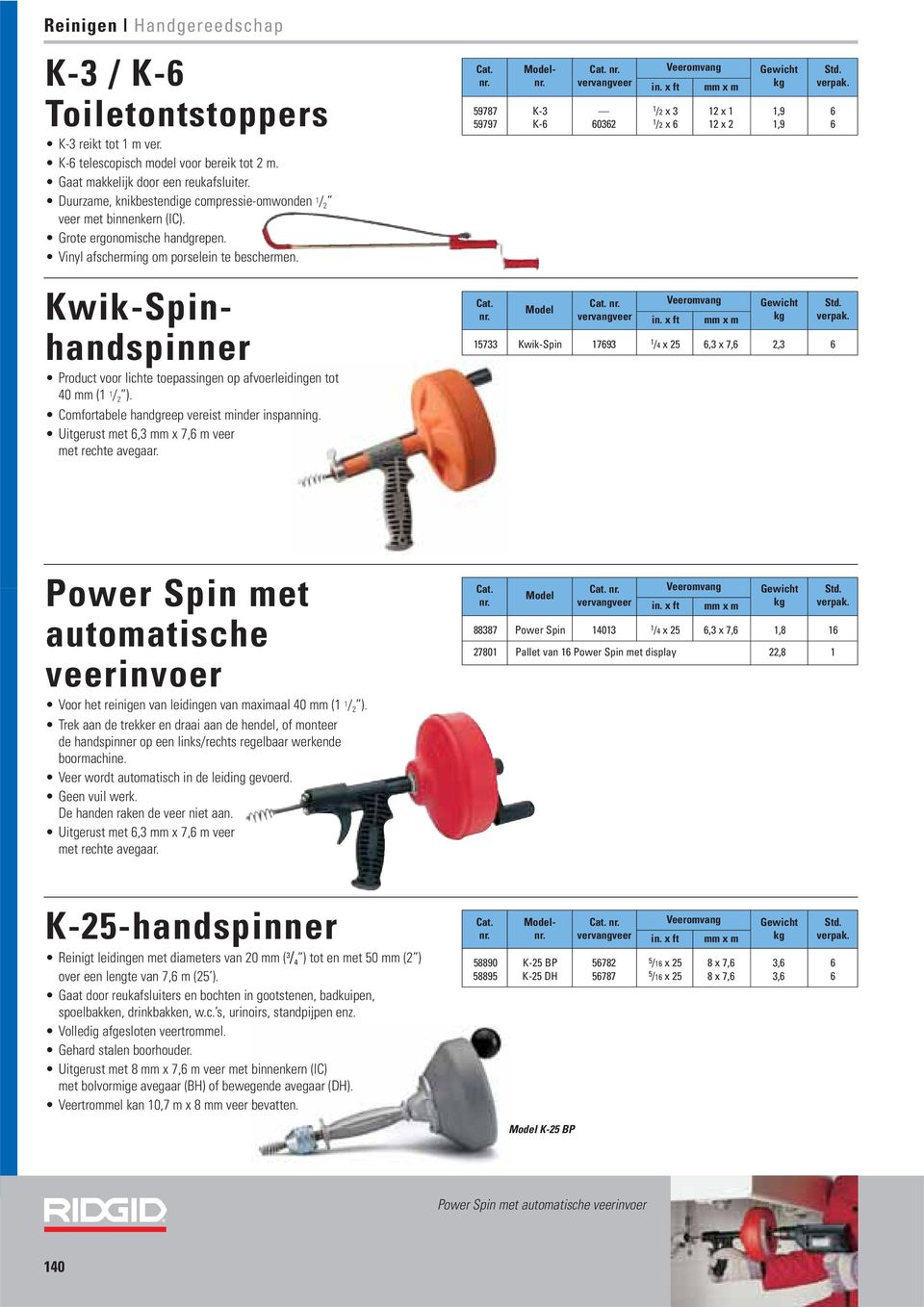 Kwik-Spinhandspinner Product voor lichte toepassingen op afvoerleidingen tot 40 (1 1 / 2 ). Comfortabele handgreep vereist minder inspanning. Uitgerust met 6,3 x 7,6 m veer met rechte avegaar.