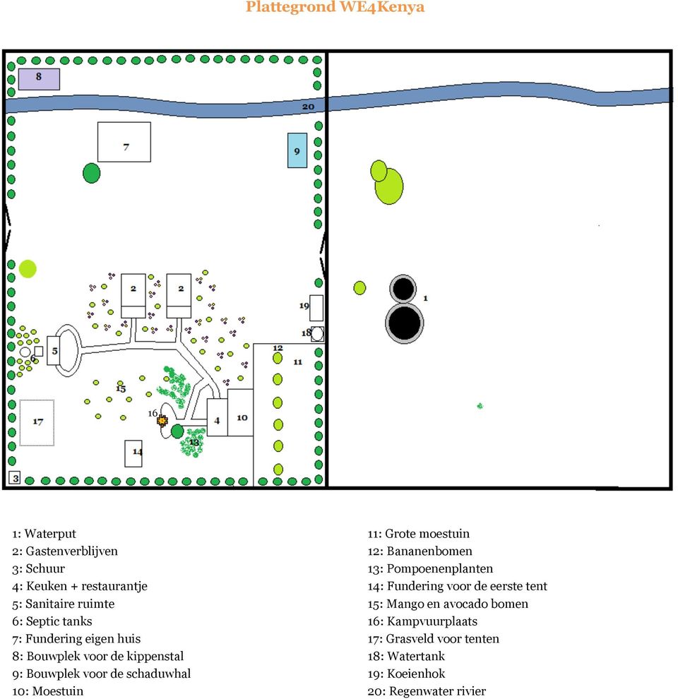 avocado bomen 6: Septic tanks 16: Kampvuurplaats 7: Fundering eigen huis 17: Grasveld voor tenten 8: Bouwplek