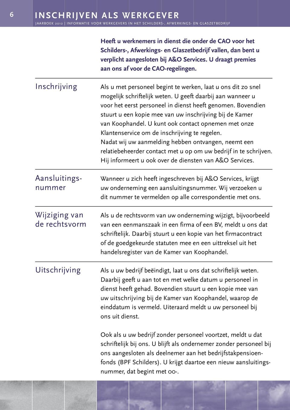 Inschrijving Aansluitings - nummer Wijziging van de rechtsvorm Uitschrijving Als u met personeel begint te werken, laat u ons dit zo snel mogelijk schriftelijk weten.