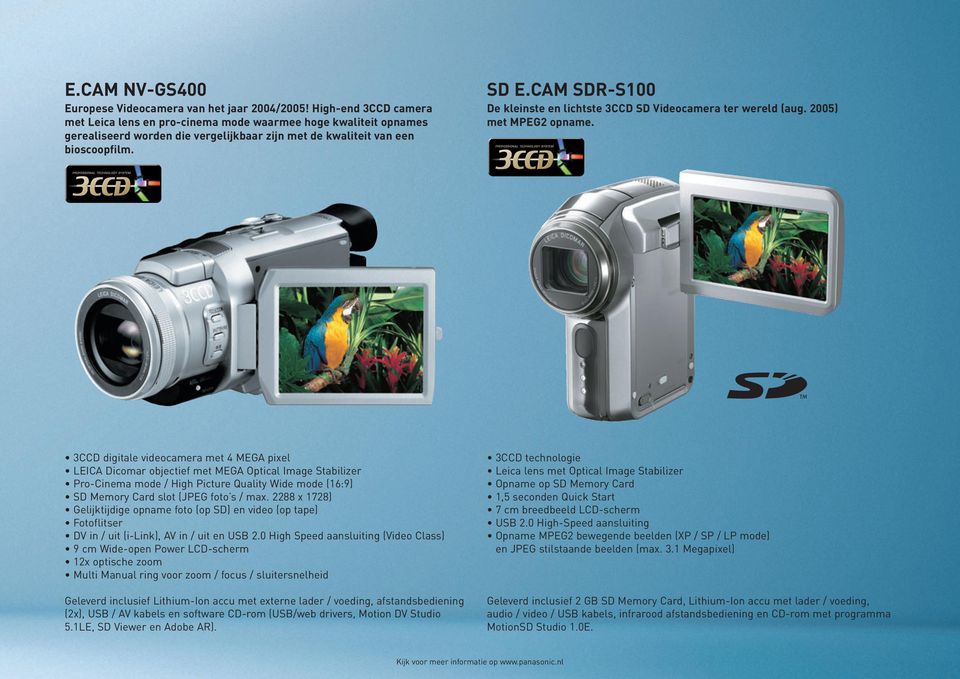 CAM SDR-S100 De kleinste en lichtste 3CCD SD Videocamera ter wereld (aug. 2005) met MPEG2 opname.