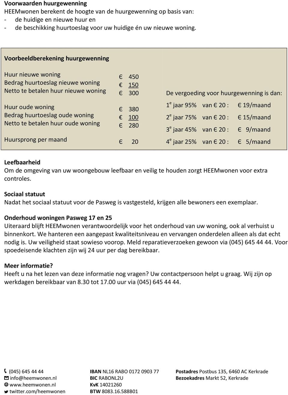 woning Huursprong per maand Є 450 150 Є 300 Є 380 100 Є 280 Є 20 De vergoeding voor huurgewenning is dan: 1 e jaar 95% van Є 20 : Є 19/maand 2 e jaar 75% van Є 20 : Є 15/maand 3 e jaar 45% van Є 20 :