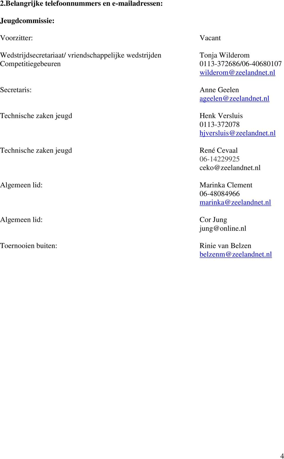 nl Secretaris: Technische zaken jeugd Technische zaken jeugd Algemeen lid: Algemeen lid: Toernooien buiten: Anne Geelen ageelen@zeelandnet.