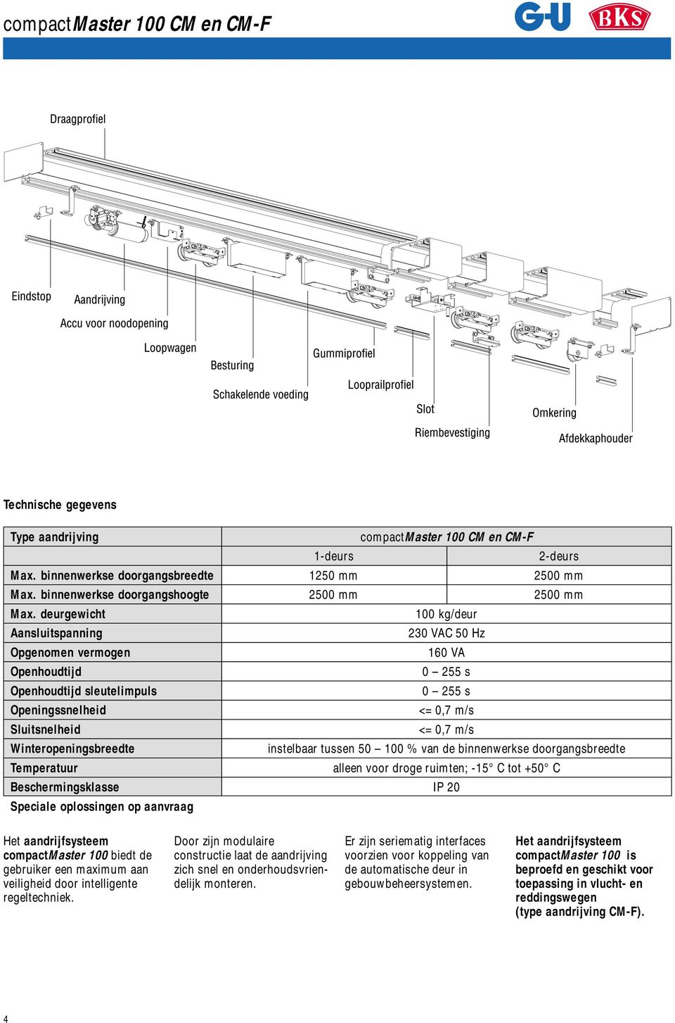 deurgewicht 100 kg/deur Aansluitspanning 230 VAC 50 Hz Opgenomen vermogen 160 VA Openhoudtijd 0 255 s Openhoudtijd sleutelimpuls 0 255 s Openingssnelheid <= 0,7 m/s Sluitsnelheid <= 0,7 m/s