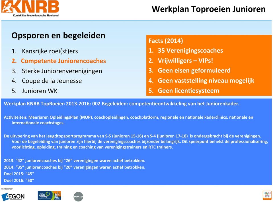 Geen licenwesysteem Werkplan KNRB TopRoeien 2013-2016: 002 Begeleiden: competenweontwikkeling van het Juniorenkader.