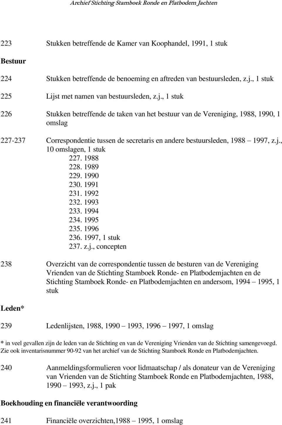 j., 10 en, 1 stuk 227. 1988 228. 1989 229. 1990 230. 1991 231. 1992 232. 1993 233. 1994 234. 1995 235. 1996 236. 1997, 1 stuk 237. z.j., concepten 238 Overzicht van de correspondentie tussen de