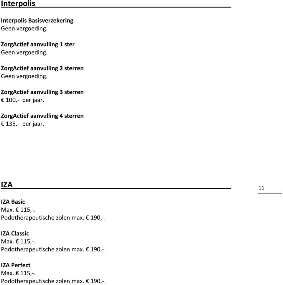 ZorgActief aanvulling 4 sterren 135,- per jaar. IZA 11 IZA Basic Max. 115,-.