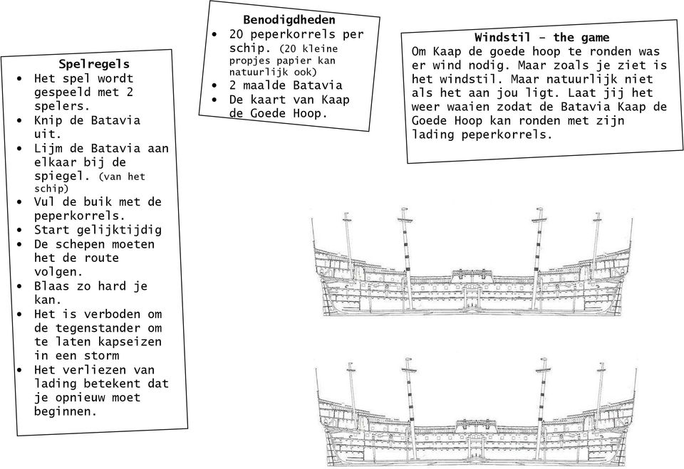 Het is verboden om de tegenstander om te laten kapseizen in een storm Het verliezen van lading betekent dat je opnieuw moet beginnen. Benodigdheden 20 peperkorrels per schip.