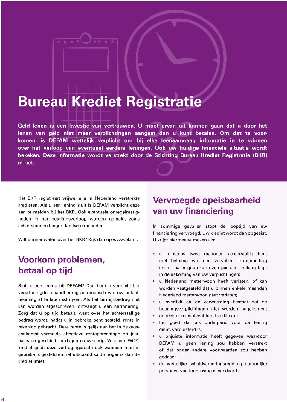 Deze informatie wordt verstrekt door de Stichting Bureau Krediet Registratie (BKR) in Tiel. Het BKR registreert vrijwel alle in Nederland verstrekte kredieten.