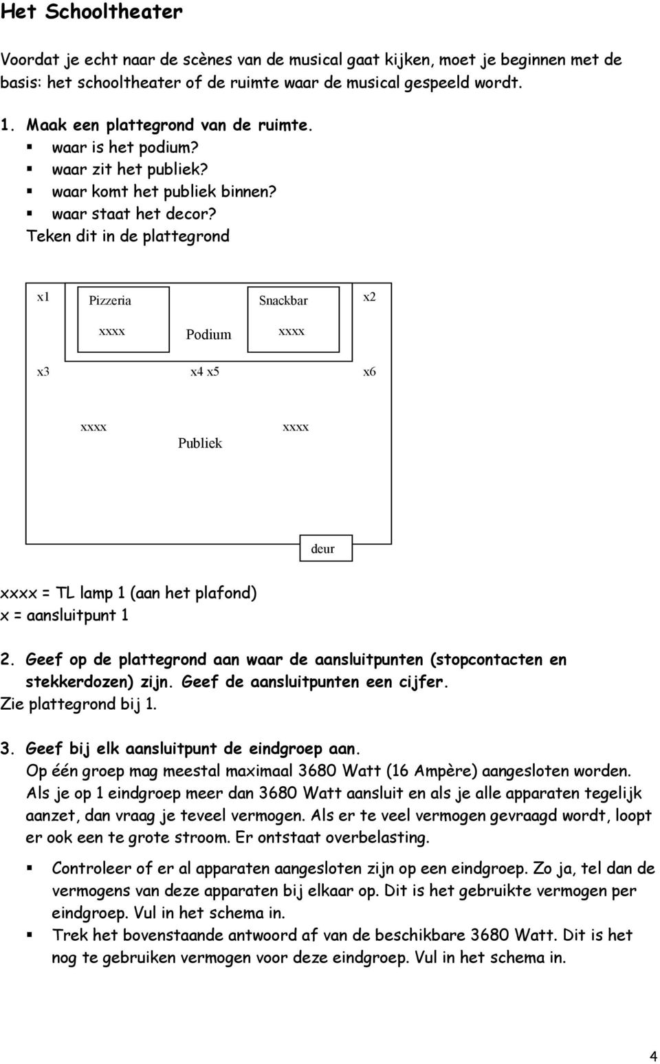 Teken dit in de plattegrond x1 Pizzeria x2 Snackbar x2 xxxx Podium xxxx x3 x4 x5 x6 xxxx Publiek xxxx deur xxxx = TL lamp 1 (aan het plafond) x = aansluitpunt 1 2.