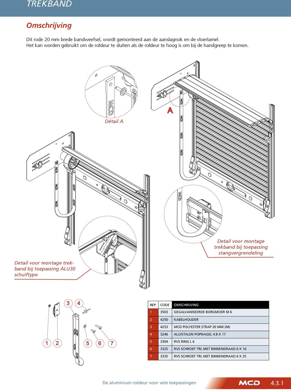 Détail A A Detail voor montage trekband bij toepassing stangvergrendeling Detail voor montage trekband bij toepassing ALU30 schuiftype 3 4 REP CODE OMSCHRIJVING 1