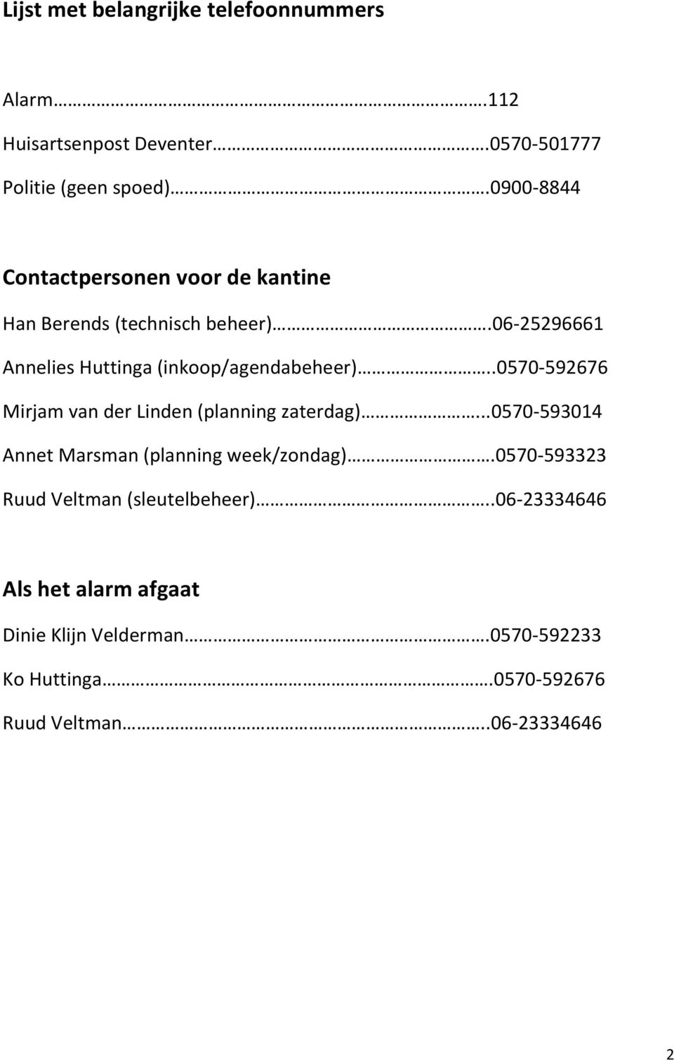 06-25296661 Annelies Huttinga (inkoop/agendabeheer)..0570-592676 Mirjam van der Linden (planning zaterdag).