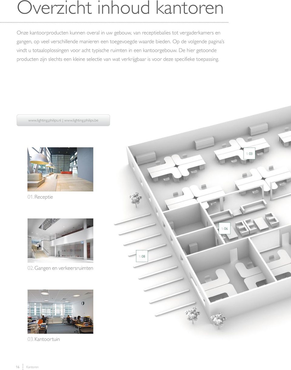 Op de volgende pagina s vindt u totaaloplossingen voor acht typische ruimten in een kantoorgebouw.