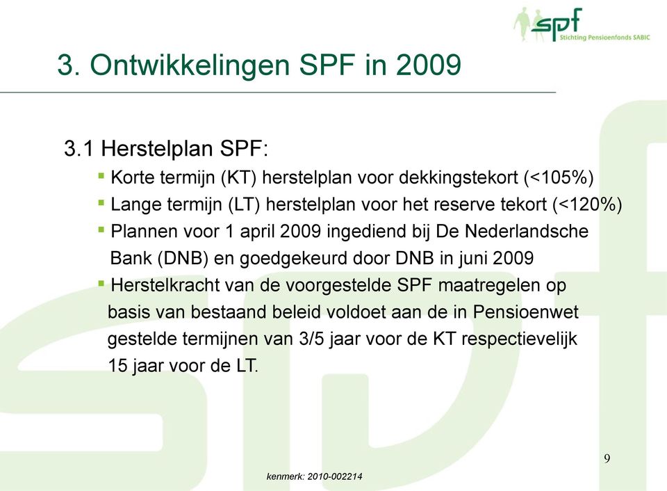 het reserve tekort (<120%) Plannen voor 1 april 2009 ingediend bij De Nederlandsche Bank (DNB) en goedgekeurd door