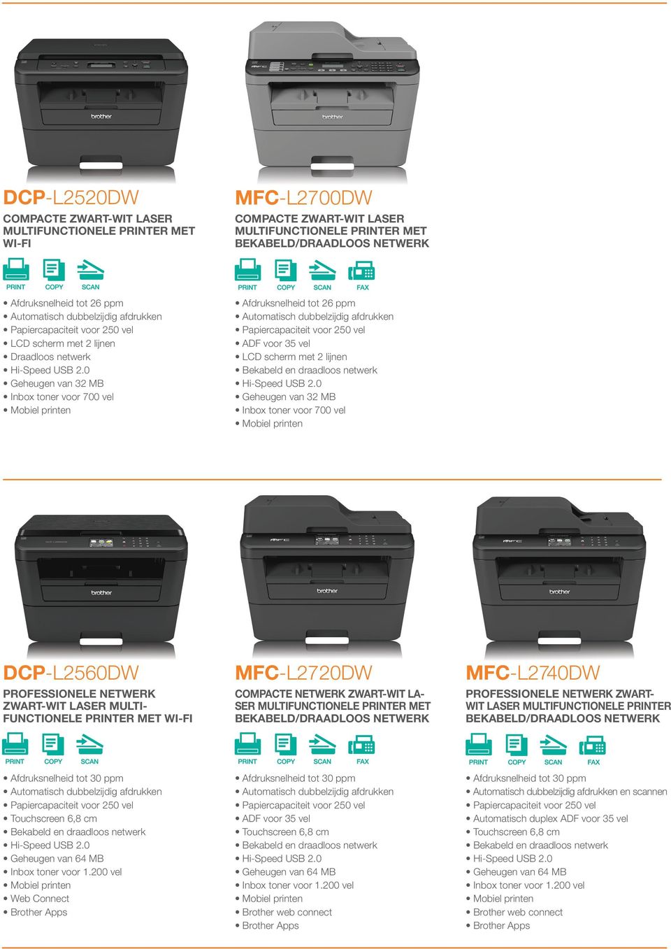 MFC-L2740DW ProfeionELE NetwERK ZWART- WIT laer MULTIFUNCTIONELE printer Touchcreen 6,8 cm Geheugen van 64 MB Web Connect Brother App ADF voor 35 vel Touchcreen 6,8