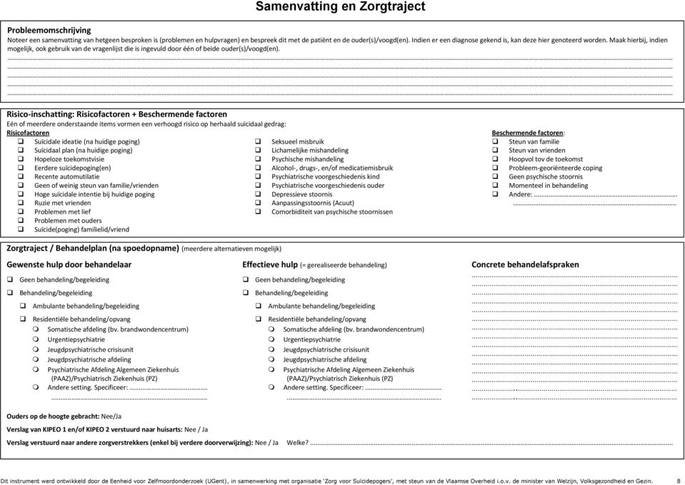 Risico-inschatting: Risicofactoren + Beschermende factoren Eén of meerdere onderstaande items vormen een verhoogd risico op herhaald suïcidaal gedrag: Risicofactoren Beschermende factoren: Suïcidale