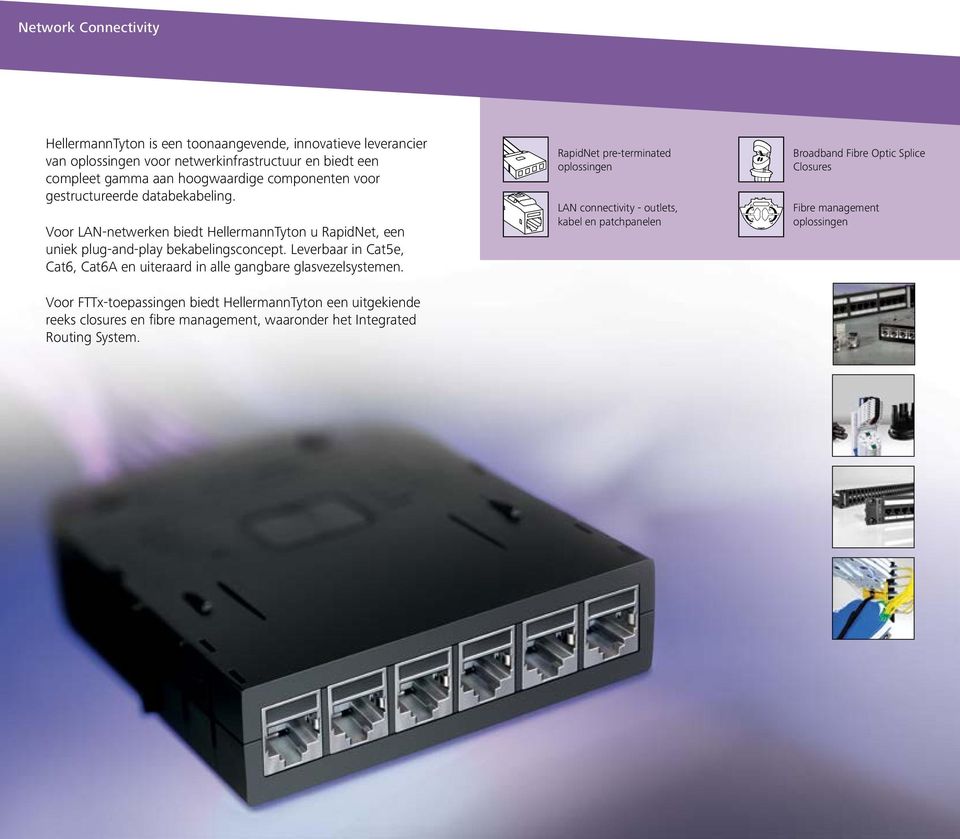 Leverbaar in Cat5e, Cat6, Cat6A en uiteraard in alle gangbare glasvezelsystemen.