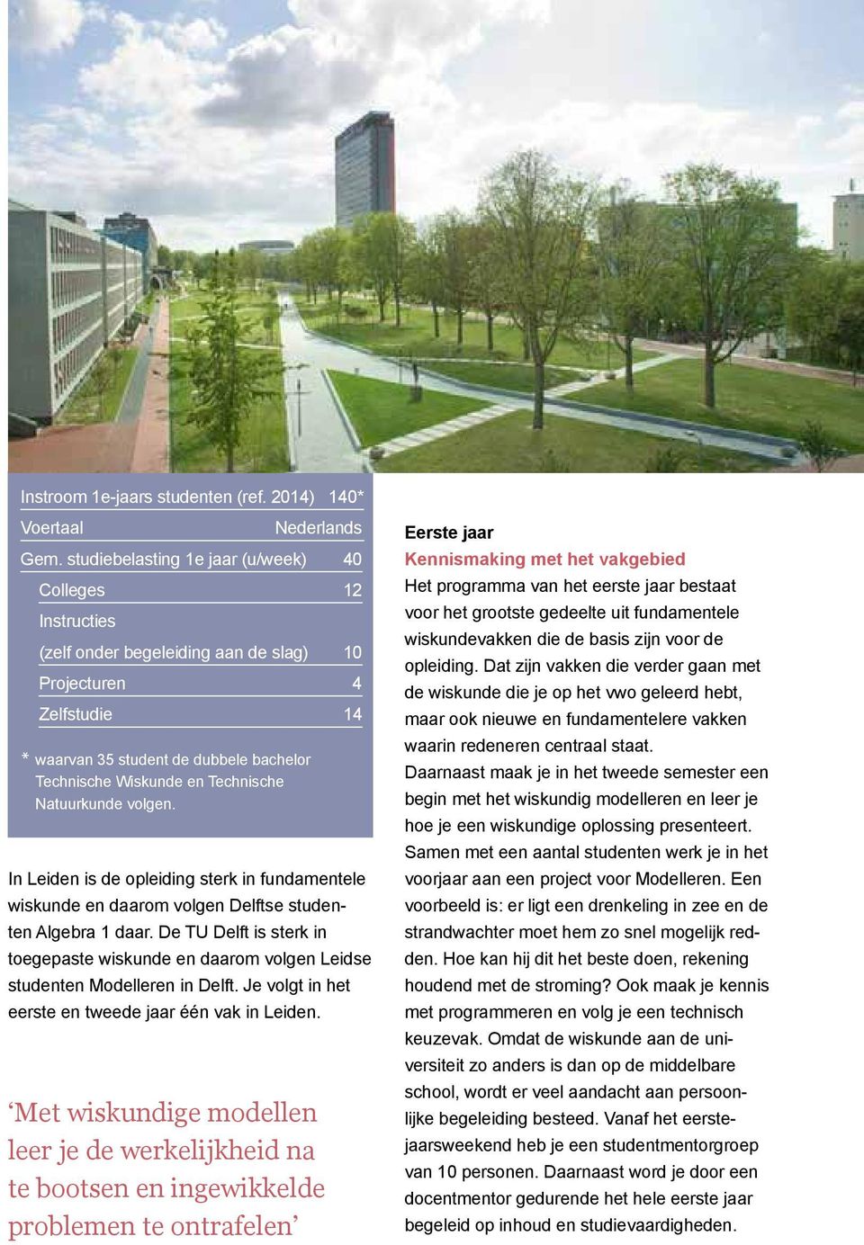 Technische Natuurkunde volgen. In Leiden is de opleiding sterk in fundamentele wiskunde en daarom volgen Delftse studenten Algebra 1 daar.