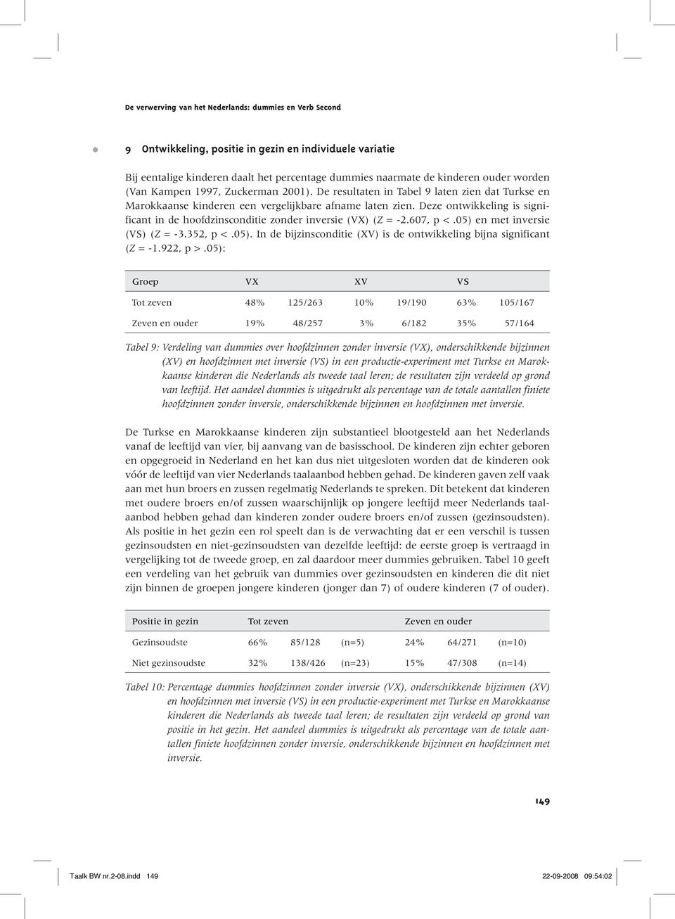 Deze ontwikkeling is significant in de hoofdzinsconditie zonder inversie (VX) (Z = -2.607, p <.05) en met inversie (VS) (Z = -3.352, p <.05). In de bijzinsconditie (XV) is de ontwikkeling bijna significant (Z = -1.