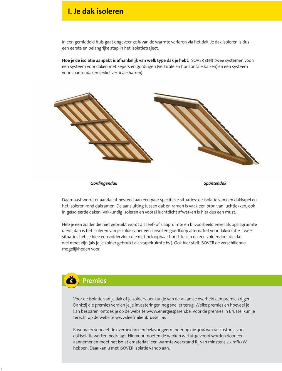 ISOVER stelt twee systemen voor: een systeem voor daken met kepers en gordingen (verticale en horizontale balken) en een systeem voor spantendaken (enkel verticale balken).