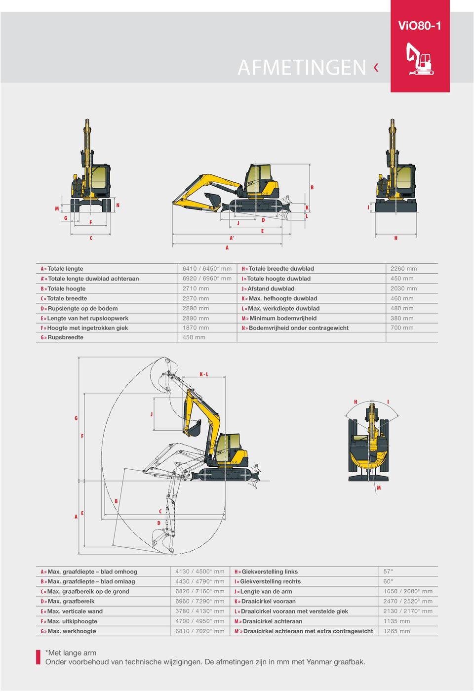 werkdiepte duwblad 480 mm E» Lengte van het rupsloopwerk 2890 mm M» Minimum bodemvrijheid 380 mm F» Hoogte met ingetrokken giek 1870 mm N» Bodemvrijheid onder contragewicht 700 mm G» Rupsbreedte 450