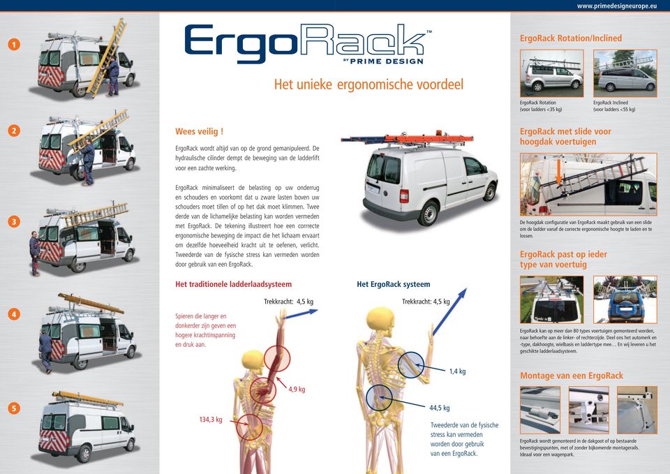 ErgoRack met slide voor hoogdak voertuigen 3 ErgoRack minimaliseert de belasting op uw onderrug en schouders en voorkomt dat u zware lasten boven uw schouders moet tillen of op het dak moet klimmen.