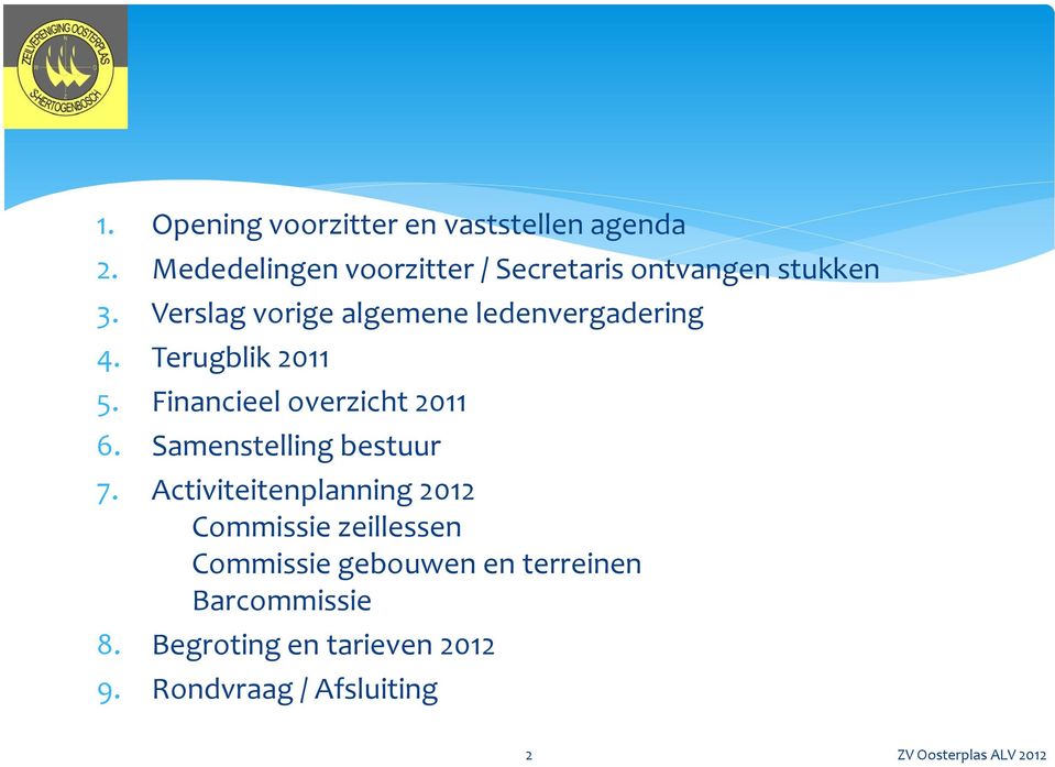 Verslag vorige algemene ledenvergadering 4. Terugblik 2011 5. Financieel overzicht 2011 6.