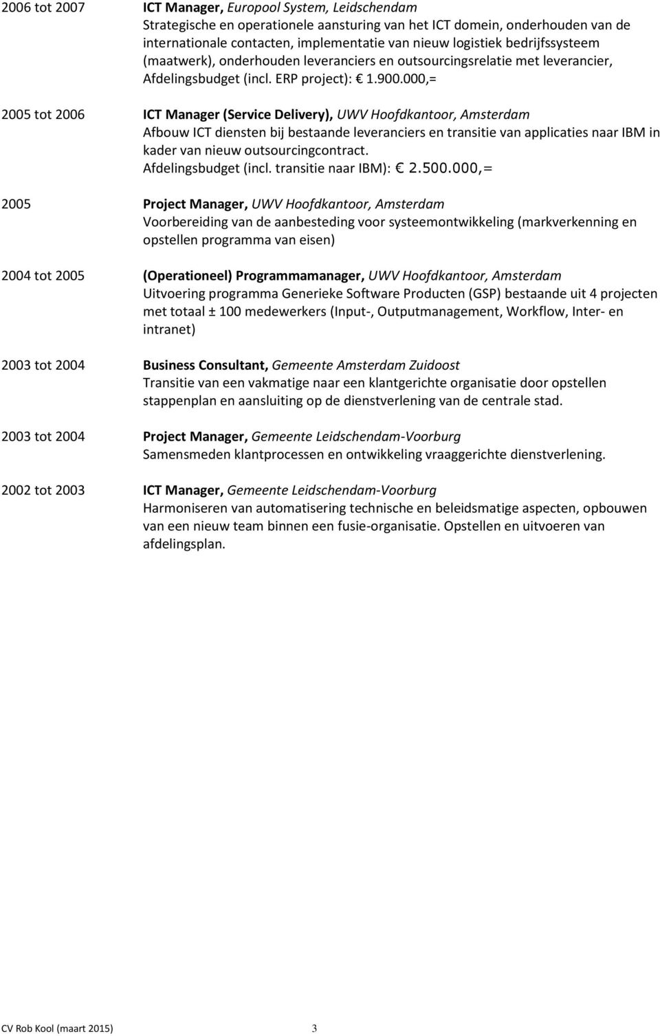 000,= 2005 tot 2006 ICT Manager (Service Delivery), UWV Hoofdkantoor, Amsterdam Afbouw ICT diensten bij bestaande leveranciers en transitie van applicaties naar IBM in kader van nieuw