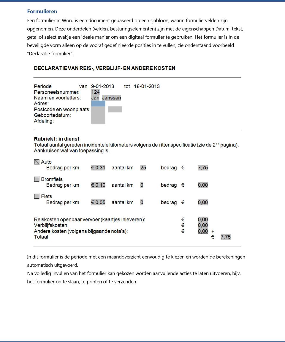 Het formulier is in de beveiligde vorm alleen op de vooraf gedefinieerde posities in te vullen, zie onderstaand voorbeeld Declaratie formulier.