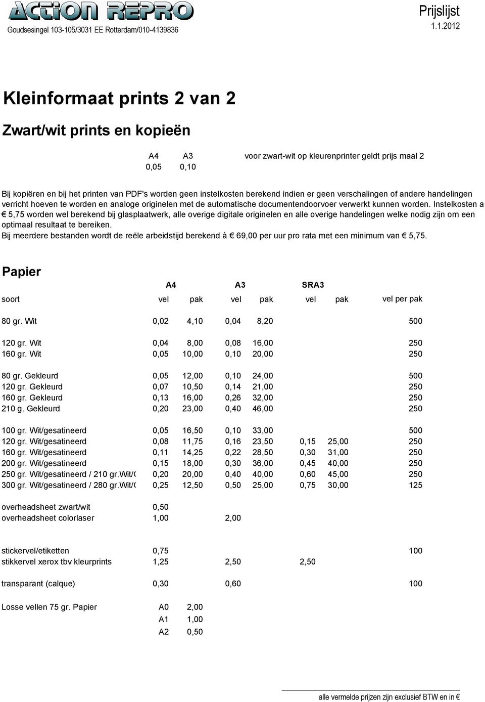 Instelkosten a 5,75 worden wel berekend bij glasplaatwerk, alle overige digitale originelen en alle overige handelingen welke nodig zijn om een optimaal resultaat te bereiken.