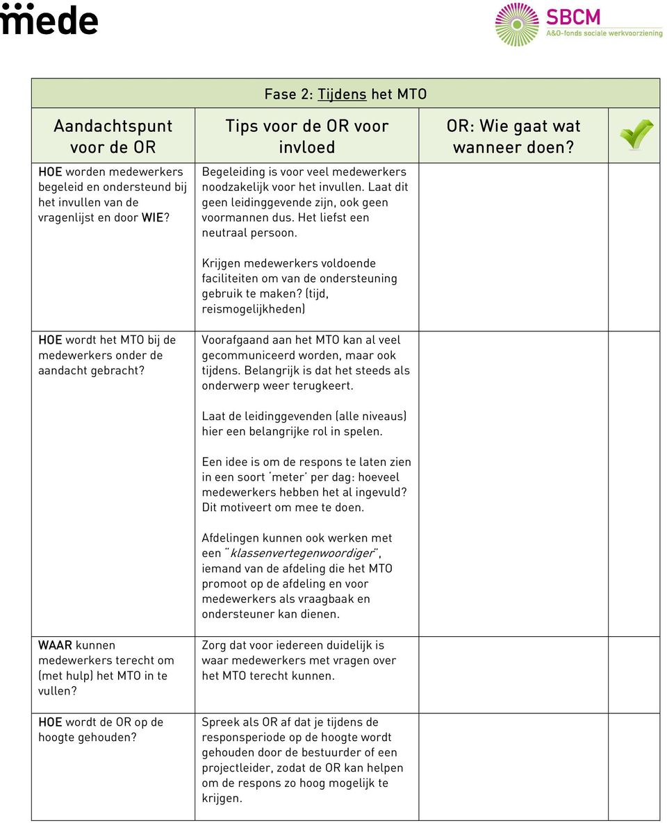 Fase 2: Tijdens het MTO Tips voor de OR voor invloed Begeleiding is voor veel medewerkers noodzakelijk voor het invullen. Laat dit geen leidinggevende zijn, ook geen voormannen dus.