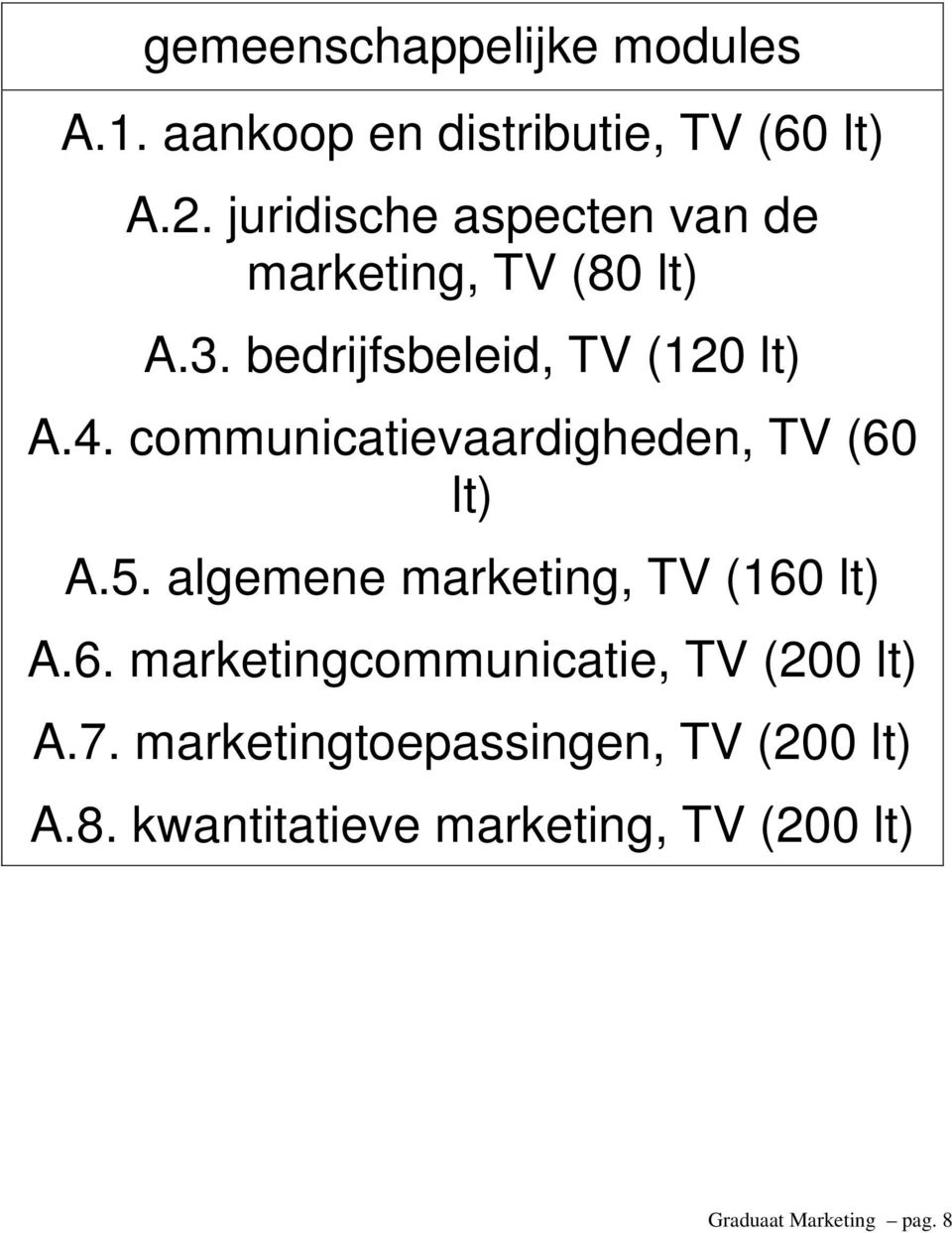 communicatievaardigheden, TV (60 lt) A.5. algemene marketing, TV (160 lt) A.6. marketingcommunicatie, TV (200 lt) A.