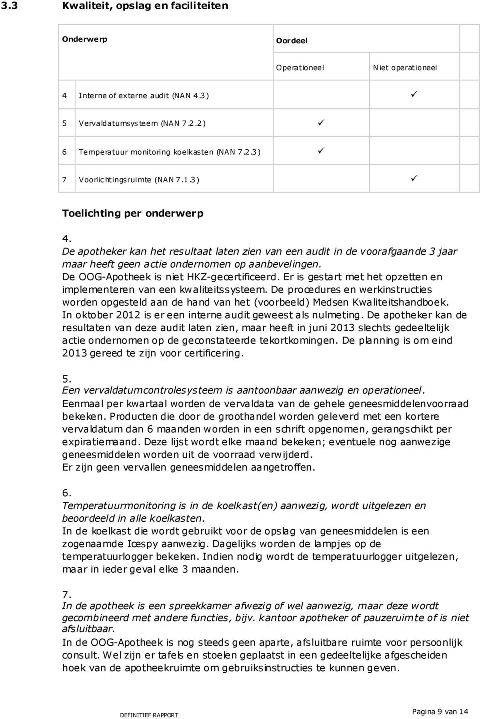 De apotheker kan het resultaat laten zien van een audit in de voorafgaande 3 jaar maar heeft geen actie ondernomen op aanbevelingen. De OOG-Apotheek is niet HKZ-gecertificeerd.