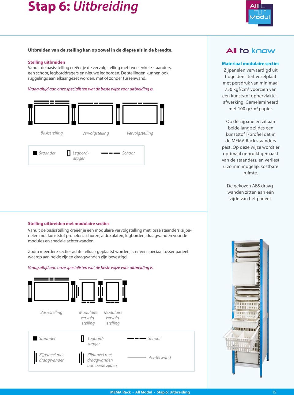 De stellingen kunnen ook ruggelings aan elkaar gezet worden, met of zonder tussenwand. Vraag altijd aan onze specialisten wat de beste wijze voor uitbreiding is.