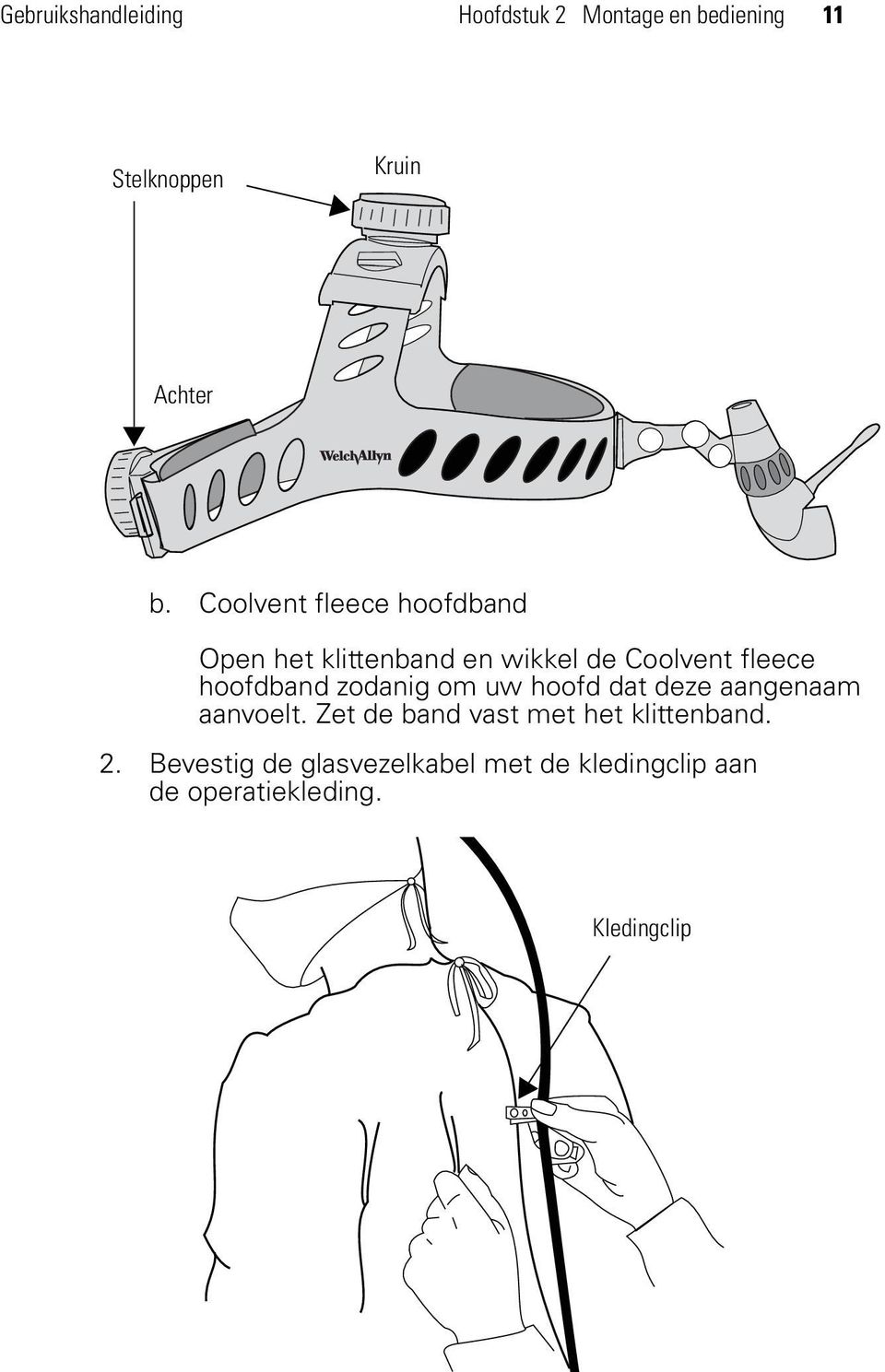 zodanig om uw hoofd dat deze aangenaam aanvoelt. Zet de band vast met het klittenband.