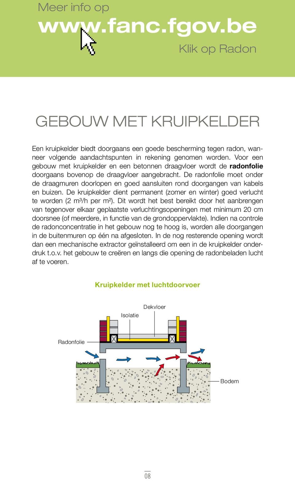 De radonfolie moet onder de draagmuren doorlopen en goed aansluiten rond doorgangen van kabels en buizen. De kruipkelder dient permanent (zomer en winter) goed verlucht te worden (2 m³/h per m²).