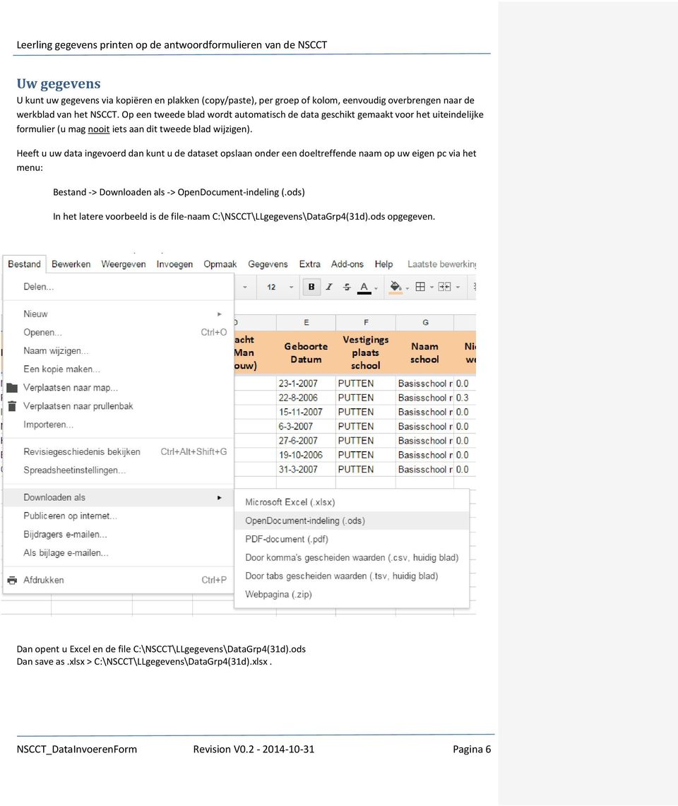 Heeft u uw data ingevoerd dan kunt u de dataset opslaan onder een doeltreffende naam op uw eigen pc via het menu: Bestand -> Downloaden als -> OpenDocument-indeling (.