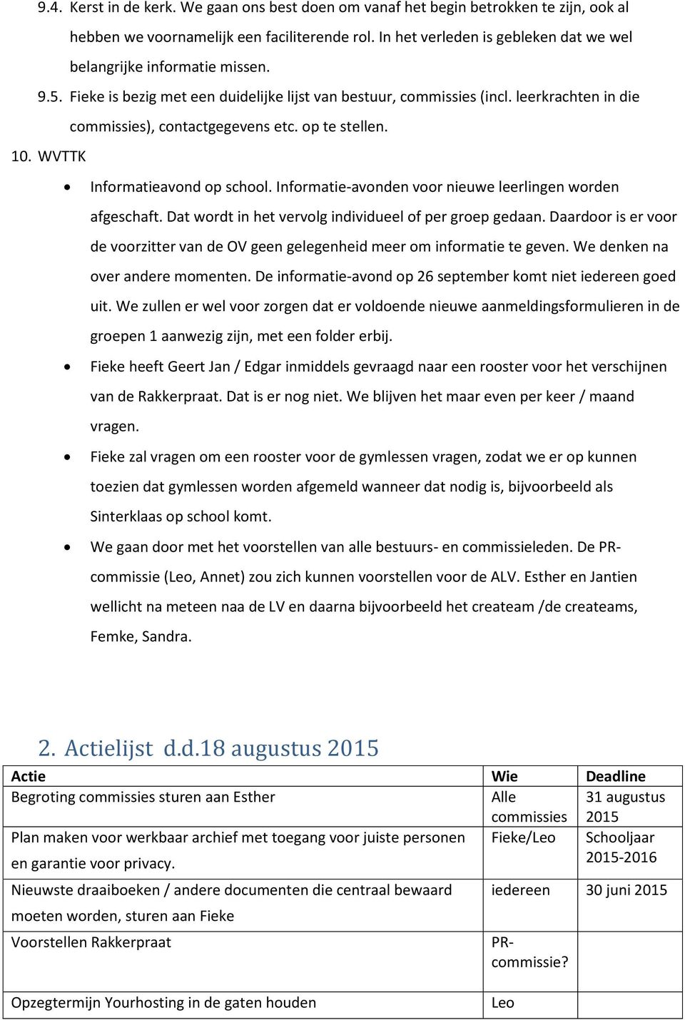 op te stellen. 10. WVTTK Informatieavond op school. Informatie-avonden voor nieuwe leerlingen worden afgeschaft. Dat wordt in het vervolg individueel of per groep gedaan.