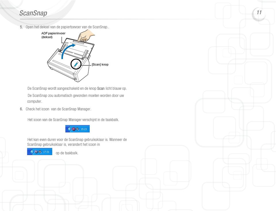 De ScanSnap zou automatisch gevonden moeten worden door uw computer. 6. Check het icoon van de ScanSnap Manager.