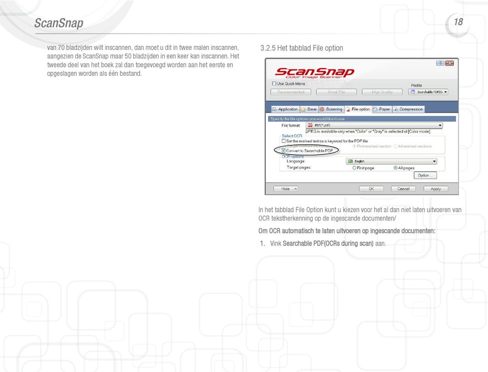 3.2.5 Het tabblad File option In het tabblad File Option kunt u kiezen voor het al dan niet laten uitvoeren van OCR tekstherkenning